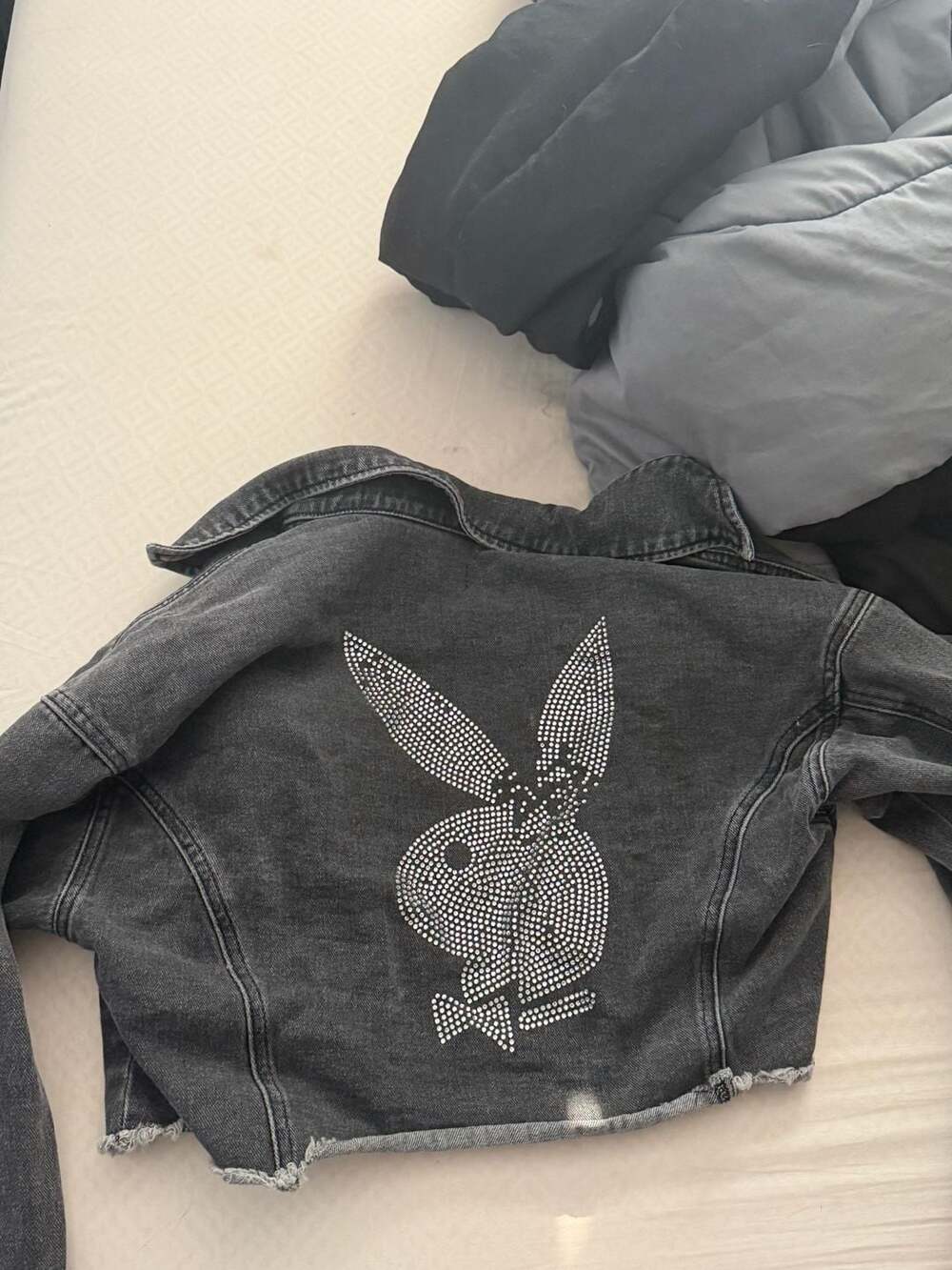 Playboy by PacSun Black Cropped Rhinestone Denim Jacket XS/S